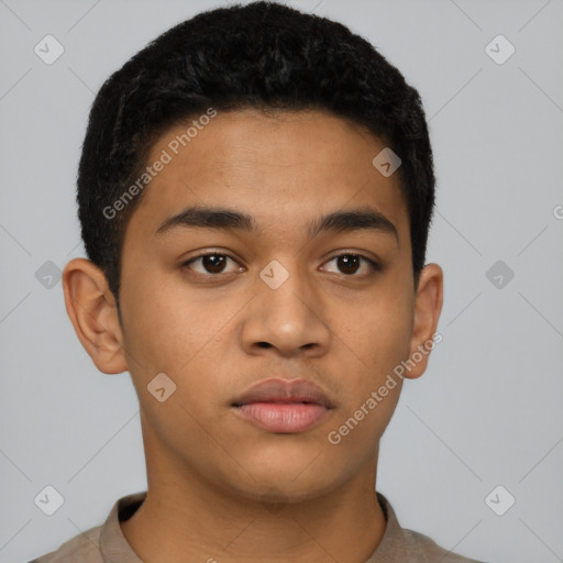 Neutral latino young-adult male with short  black hair and brown eyes