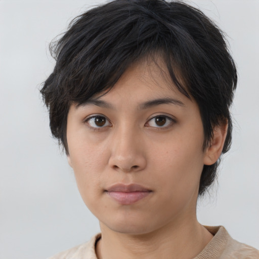 Neutral asian young-adult female with medium  brown hair and brown eyes