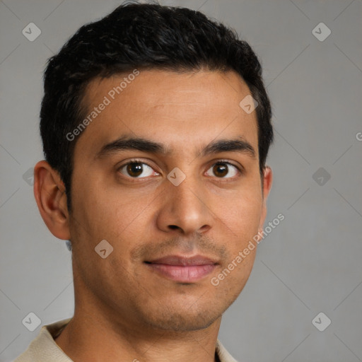 Neutral latino young-adult male with short  brown hair and brown eyes