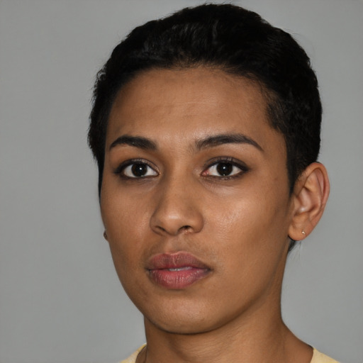 Neutral latino young-adult female with short  black hair and brown eyes
