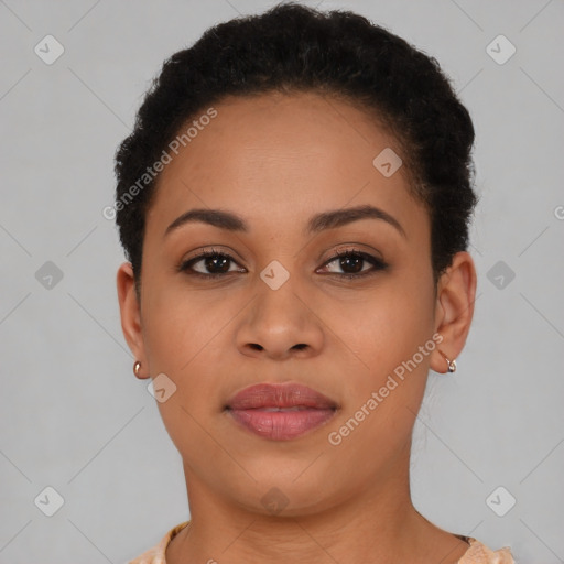 Neutral black young-adult female with short  brown hair and brown eyes