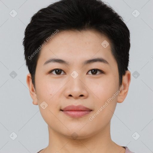 Joyful asian young-adult female with short  black hair and brown eyes