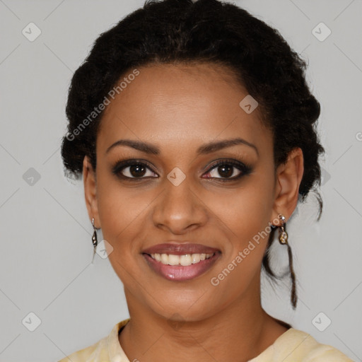 Joyful black young-adult female with medium  black hair and brown eyes