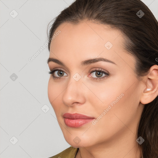 Neutral white young-adult female with medium  brown hair and brown eyes