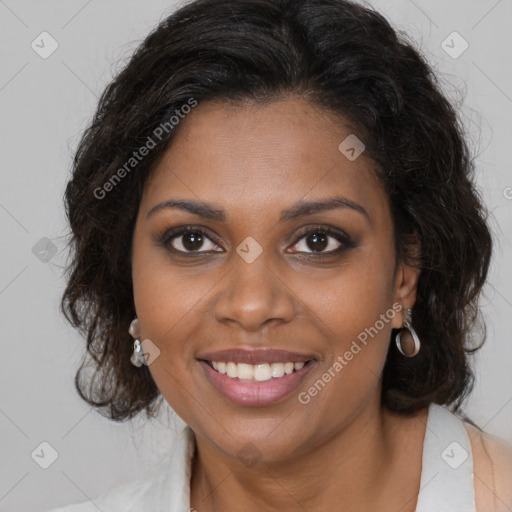 Joyful black young-adult female with medium  brown hair and brown eyes