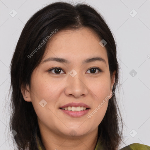 Joyful white young-adult female with medium  brown hair and brown eyes