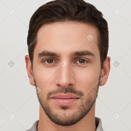 Neutral white young-adult male with short  brown hair and brown eyes