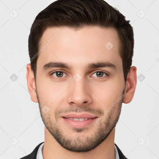 Joyful white young-adult male with short  brown hair and brown eyes