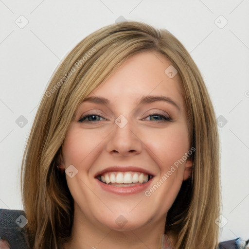 Joyful white young-adult female with long  brown hair and blue eyes