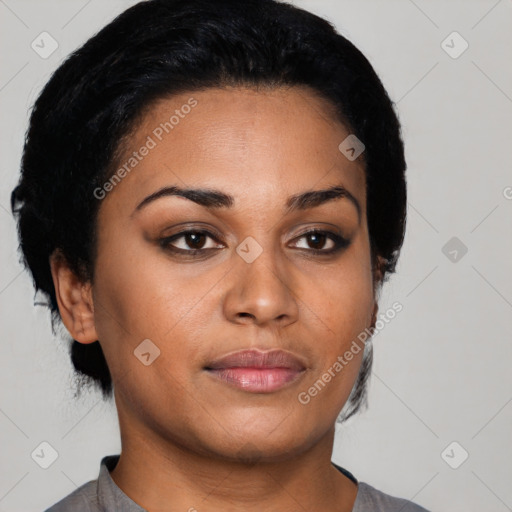 Neutral latino young-adult female with short  black hair and brown eyes