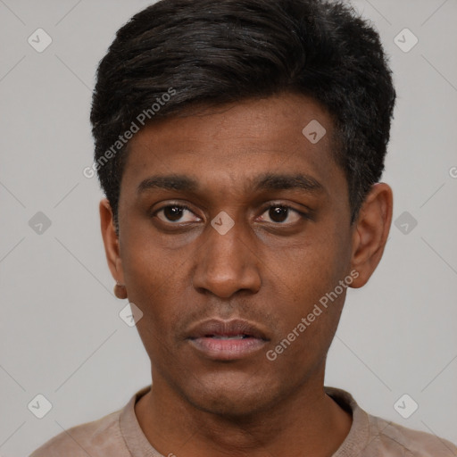 Neutral latino young-adult male with short  black hair and brown eyes