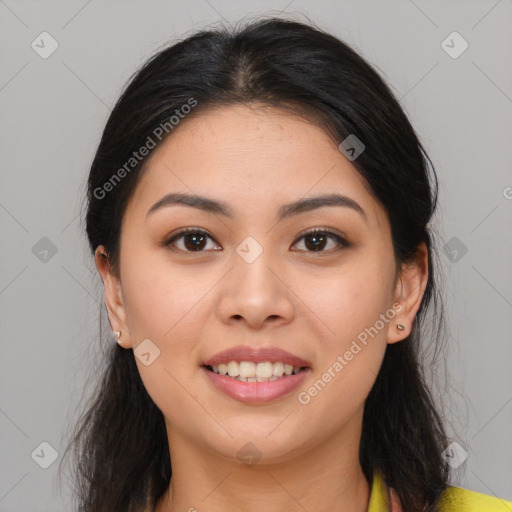 Joyful white young-adult female with long  brown hair and brown eyes