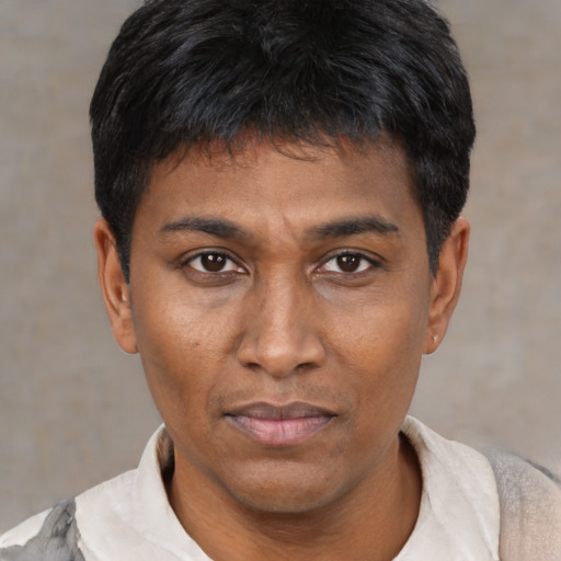 Neutral latino young-adult male with short  black hair and brown eyes