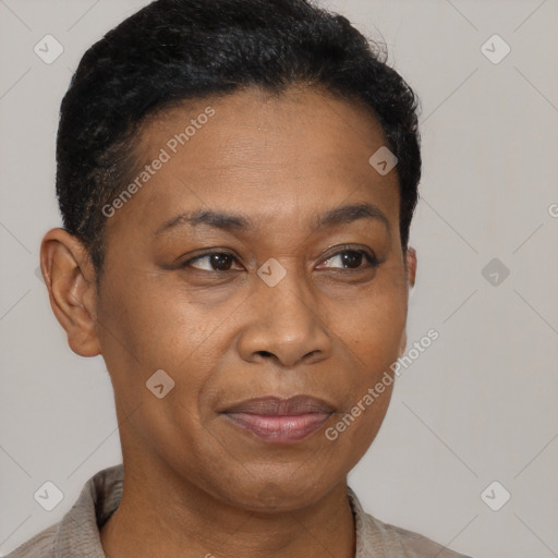 Joyful black adult female with short  brown hair and brown eyes