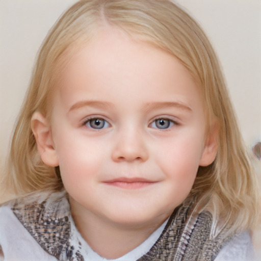 Joyful white child female with medium  brown hair and blue eyes