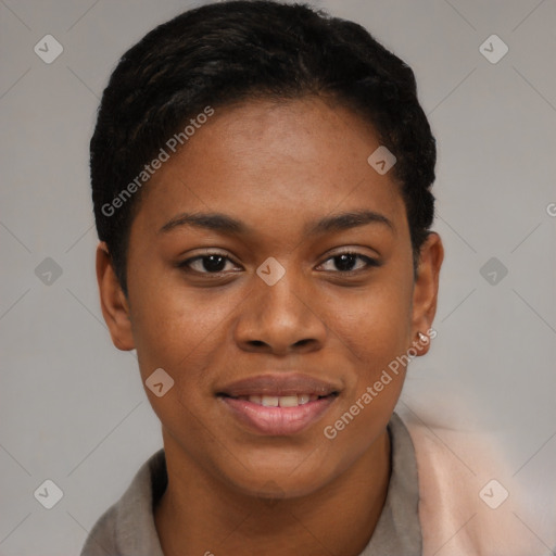 Joyful black young-adult female with short  brown hair and brown eyes