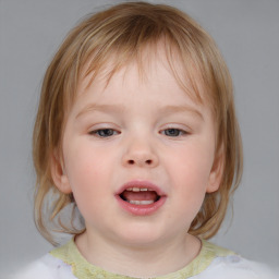 Joyful white child female with medium  brown hair and blue eyes