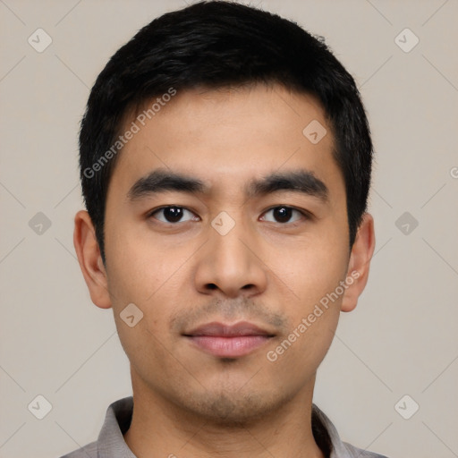 Neutral asian young-adult male with short  black hair and brown eyes