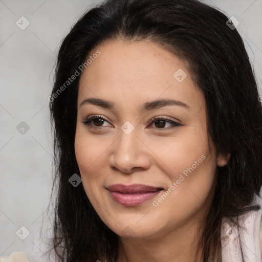 Joyful asian young-adult female with long  brown hair and brown eyes