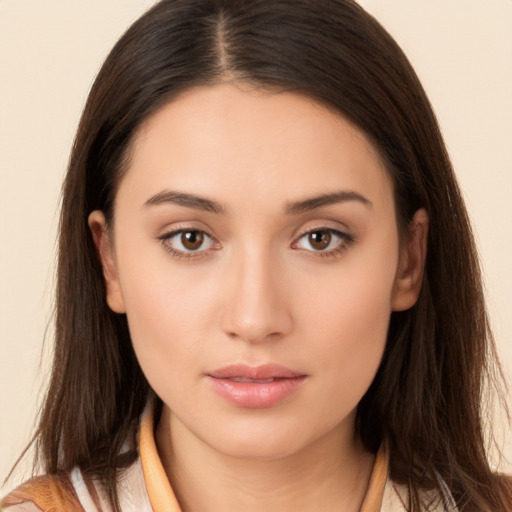 Neutral white young-adult female with long  brown hair and brown eyes