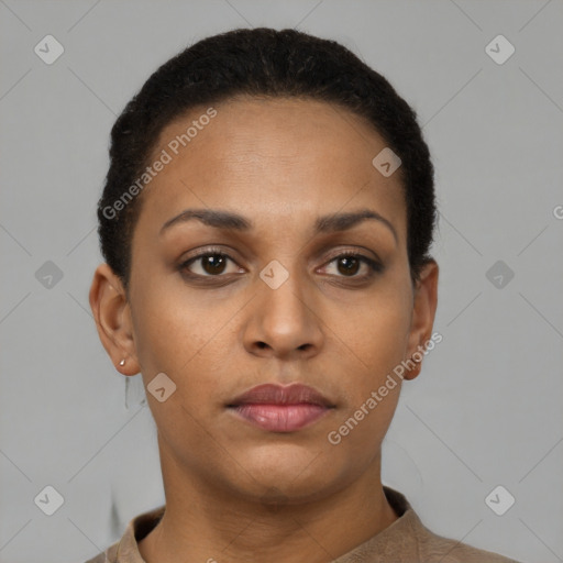 Neutral black young-adult female with short  brown hair and brown eyes