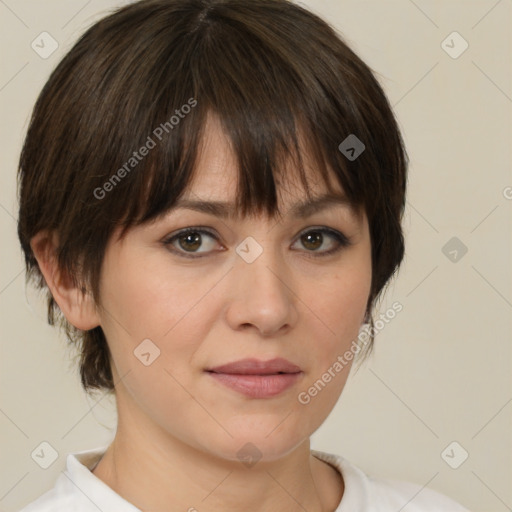 Neutral white young-adult female with medium  brown hair and brown eyes