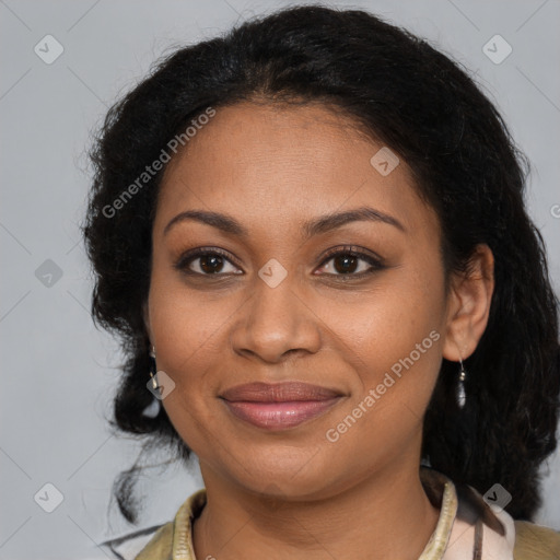 Joyful black young-adult female with medium  brown hair and brown eyes