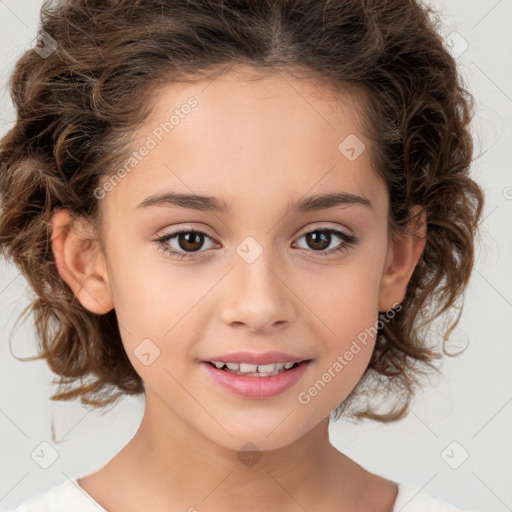 Joyful white child female with medium  brown hair and brown eyes