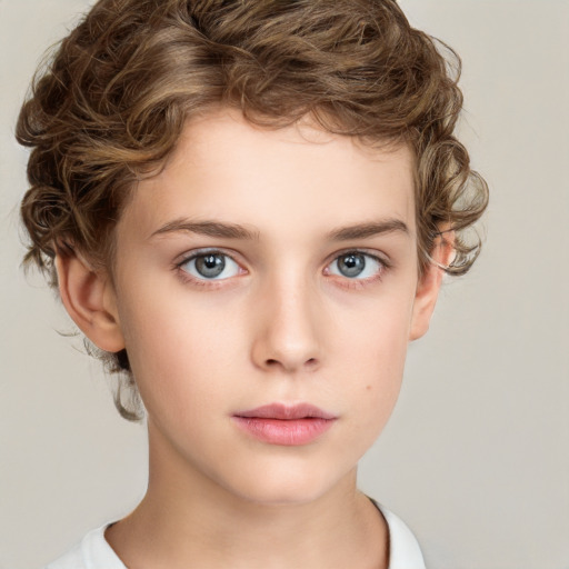 Neutral white child female with short  brown hair and grey eyes