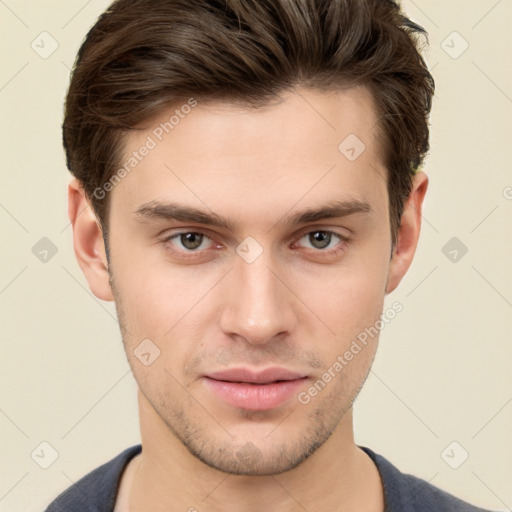 Neutral white young-adult male with short  brown hair and brown eyes