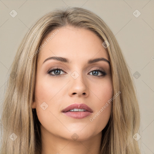 Neutral white young-adult female with long  brown hair and brown eyes