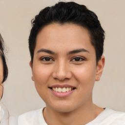 Joyful latino young-adult female with short  black hair and brown eyes