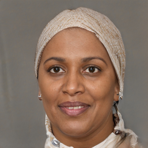 Joyful black adult female with short  black hair and brown eyes