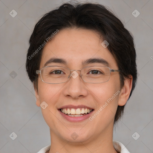 Joyful white adult female with medium  brown hair and brown eyes