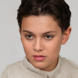 Neutral white young-adult female with short  brown hair and brown eyes