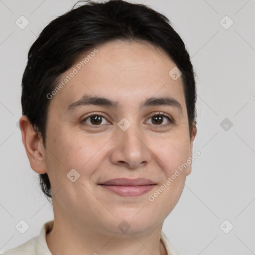 Joyful white young-adult female with short  brown hair and brown eyes