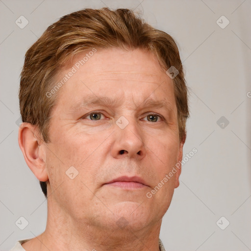 Neutral white adult male with short  brown hair and grey eyes