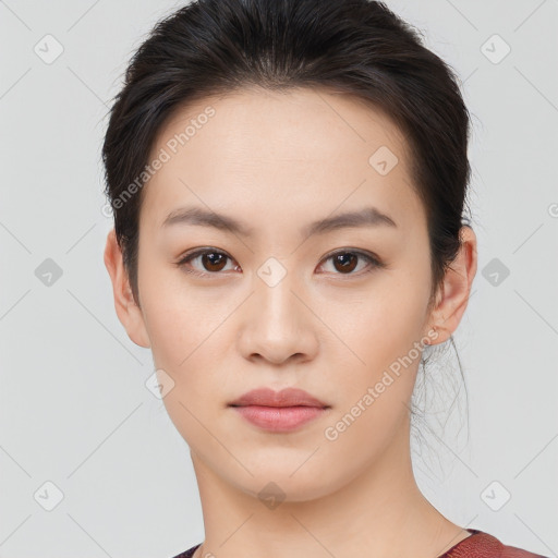 Neutral white young-adult female with medium  brown hair and brown eyes