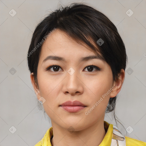 Neutral asian young-adult female with medium  brown hair and brown eyes