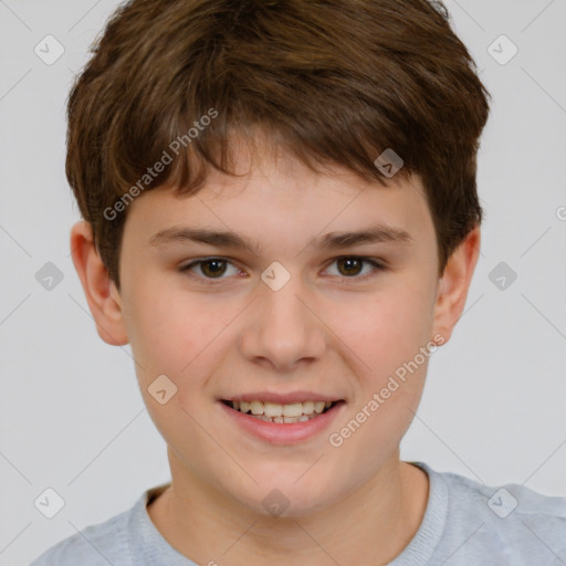 Joyful white child male with short  brown hair and brown eyes