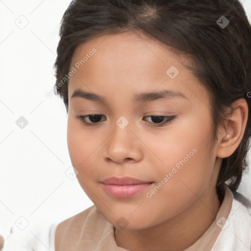 Joyful white child female with medium  brown hair and brown eyes