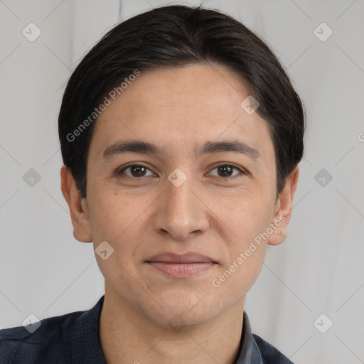 Joyful white adult male with short  brown hair and brown eyes