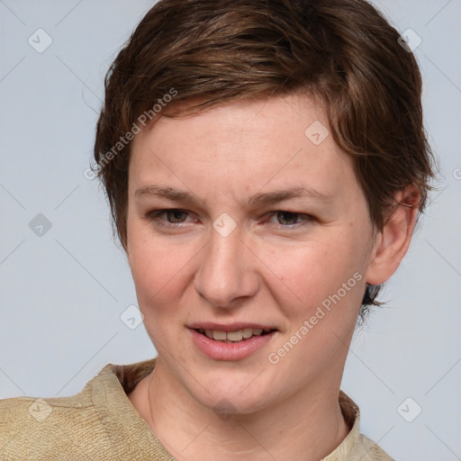 Joyful white young-adult female with medium  brown hair and blue eyes