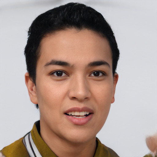 Joyful white young-adult female with short  black hair and brown eyes