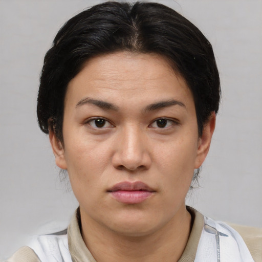 Joyful asian young-adult female with short  brown hair and brown eyes