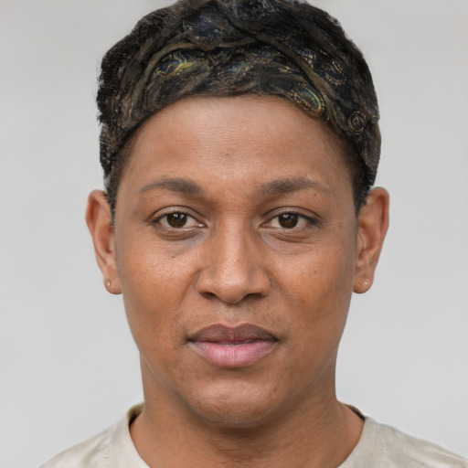 Joyful black young-adult female with short  black hair and brown eyes