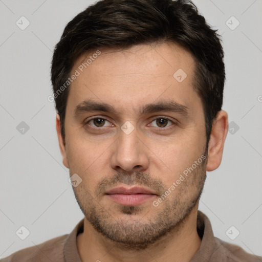 Neutral white young-adult male with short  brown hair and brown eyes