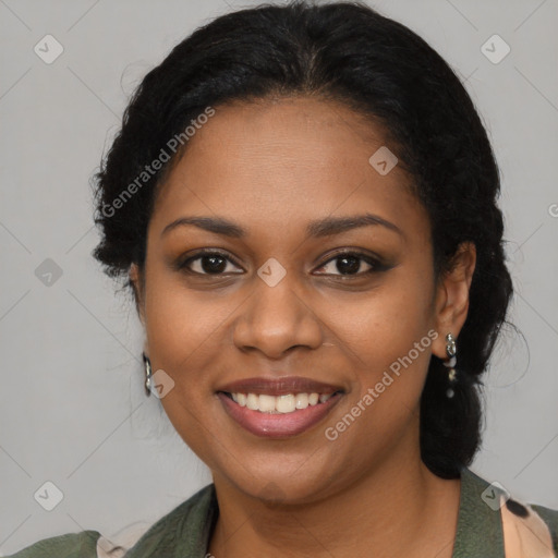 Joyful black young-adult female with medium  brown hair and brown eyes