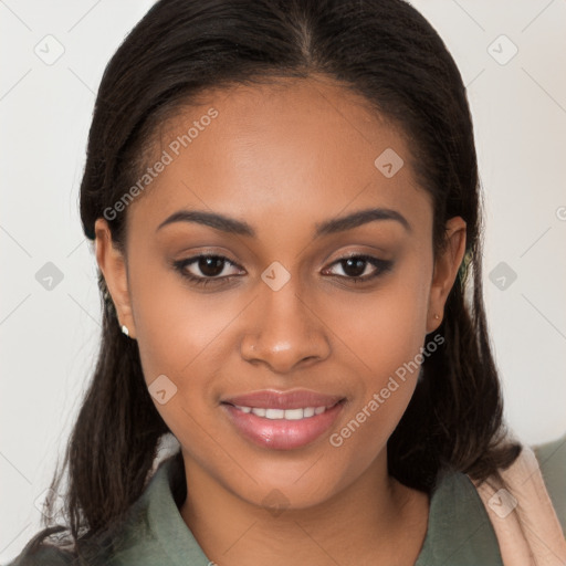 Joyful latino young-adult female with long  brown hair and brown eyes