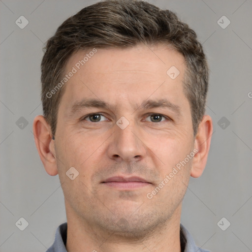 Neutral white adult male with short  brown hair and brown eyes